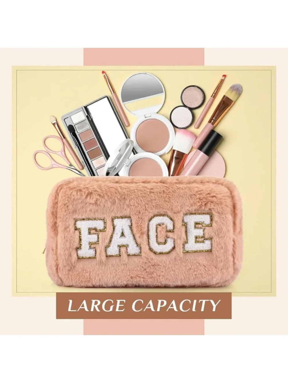4-Piece Preppy Makeup Bag Set - Chenille Faux Fur Toiletry Pouches for Travel
